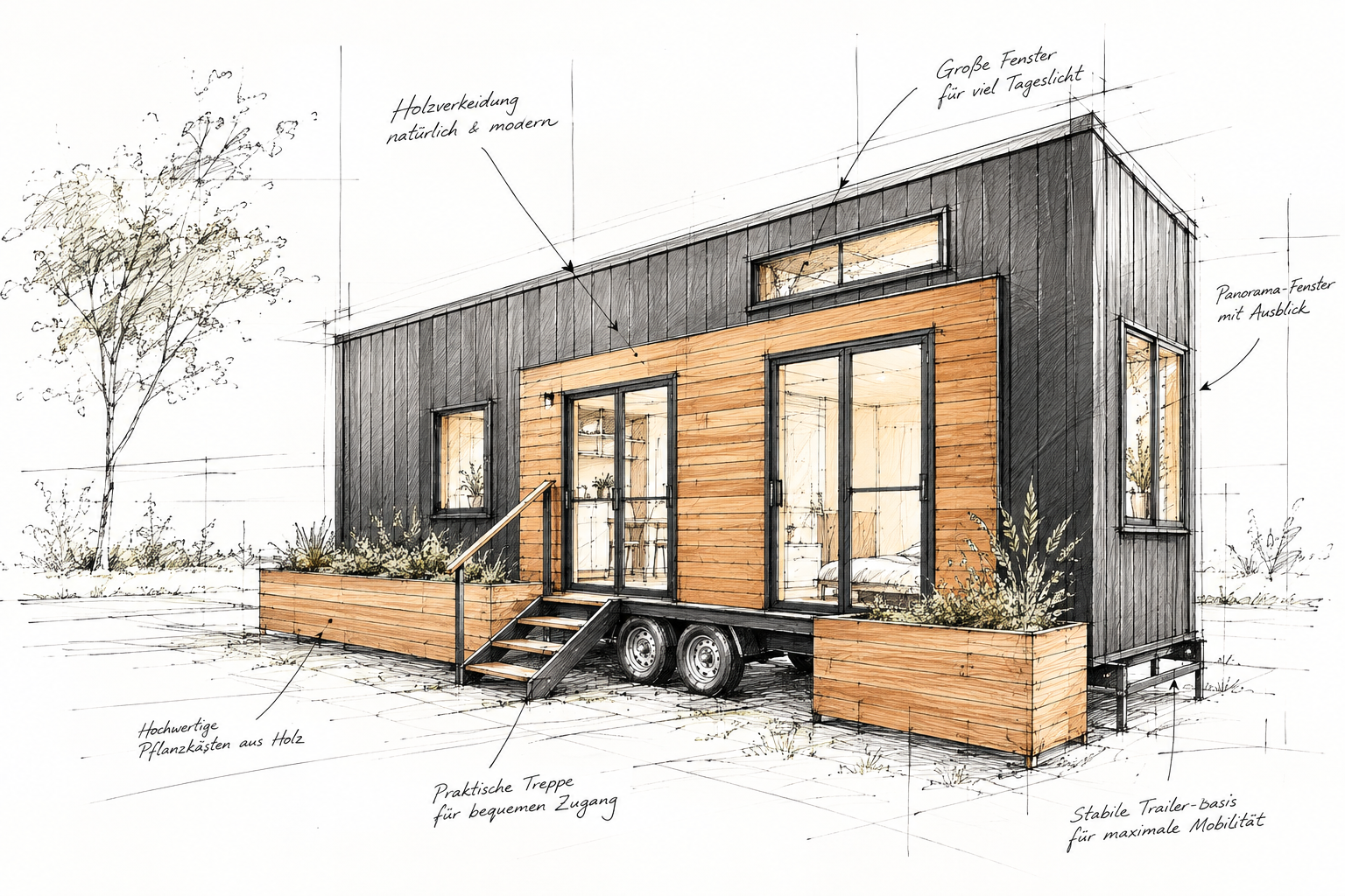 Mobiles Tiny House von Tiny + More mit Holzverkleidung, Panoramafenstern und Trailer-Basis